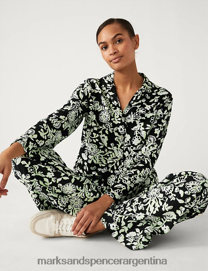 Marks & Spencer mujer camisa holgada con cuello floral ropa mezcla negra 46VL1502