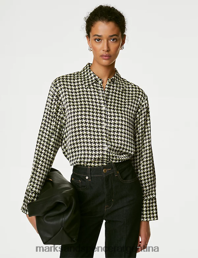 Marks & Spencer mujer camisa larga con cuello estampado de satén ropa mezcla negra 46VL88