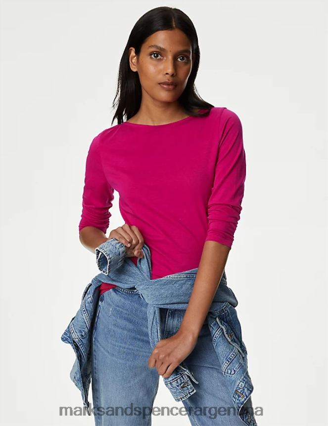 Marks & Spencer mujer Camiseta de manga 3/4 con corte ajustado y rico en algodón ropa cereza 46VL1218
