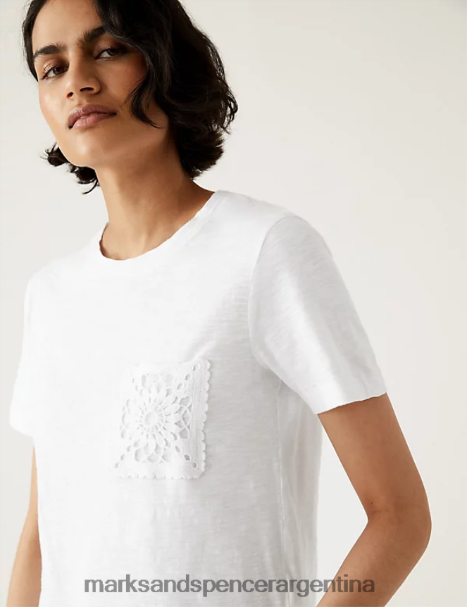 Marks & Spencer mujer camiseta con bolsillo de encaje de puro algodón ropa blanco suave 46VL2578