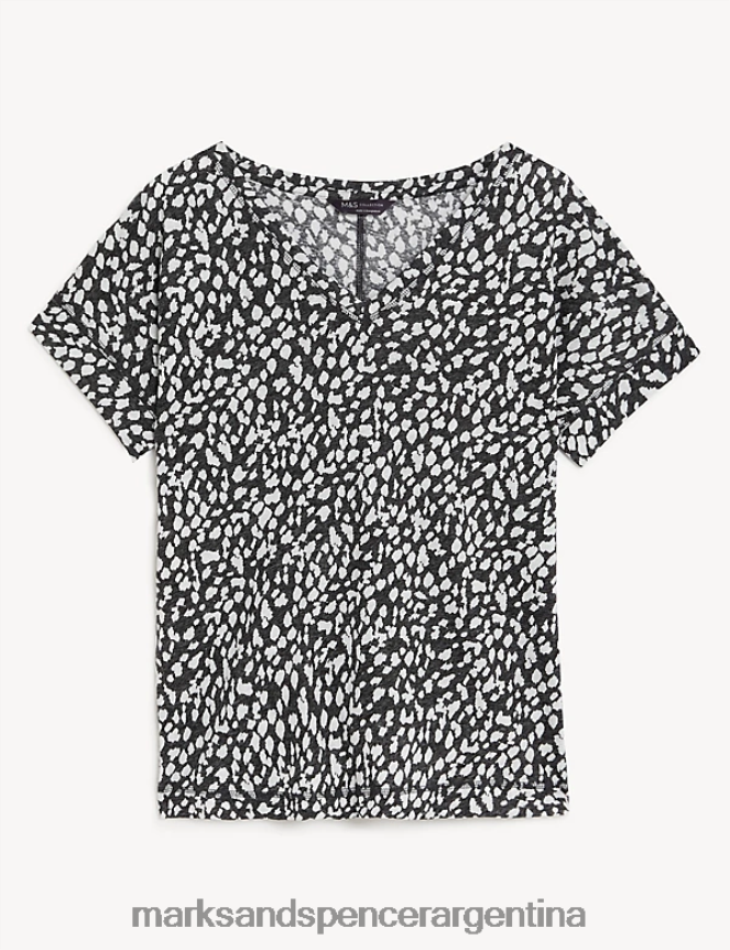 Marks & Spencer mujer camiseta con cuello en V y estampado de lino ropa mezcla negra 46VL1590