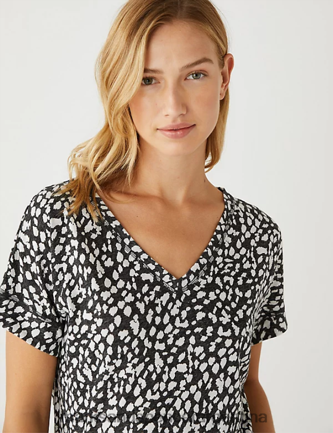 Marks & Spencer mujer camiseta con cuello en V y estampado de lino ropa mezcla negra 46VL1590