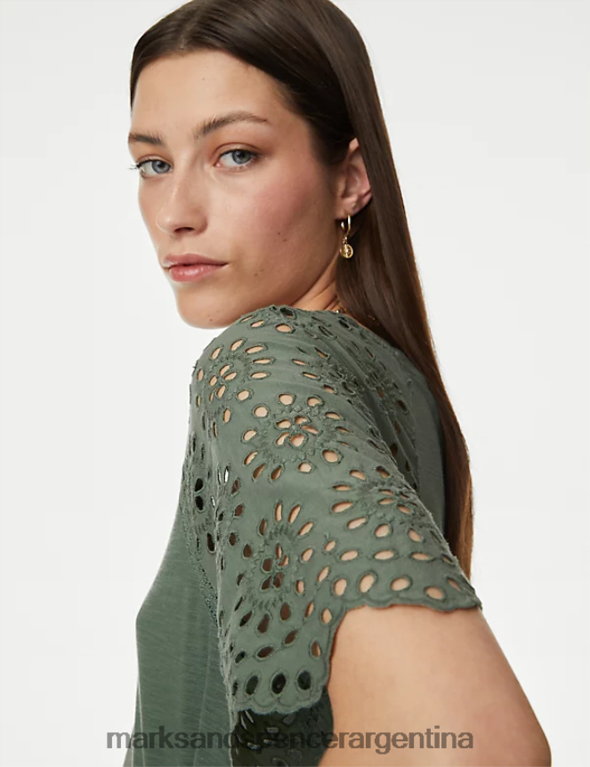 Marks & Spencer mujer camiseta con detalle de bordado de puro algodón ropa verde antiguo 46VL2180