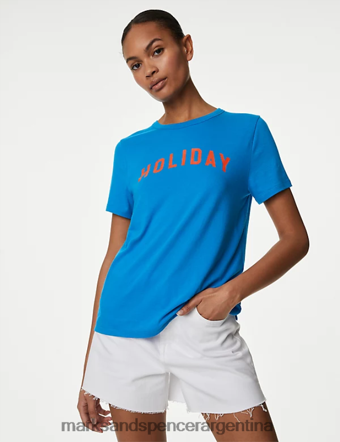 Marks & Spencer mujer camiseta con eslogan en mezcla de modal y algodón ropa mezcla azul 46VL1242