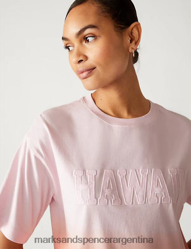 Marks & Spencer mujer camiseta con eslogan hawaiano de puro algodón ropa mezcla rosa 46VL2598