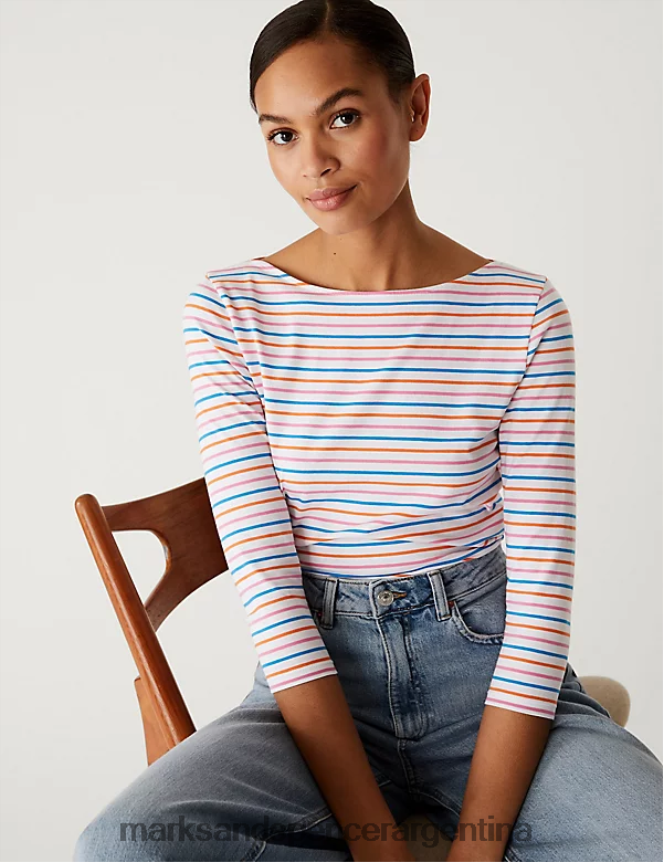 Marks & Spencer mujer camiseta de corte slim con rayas ricas en algodón ropa mezcla rosa 46VL1362