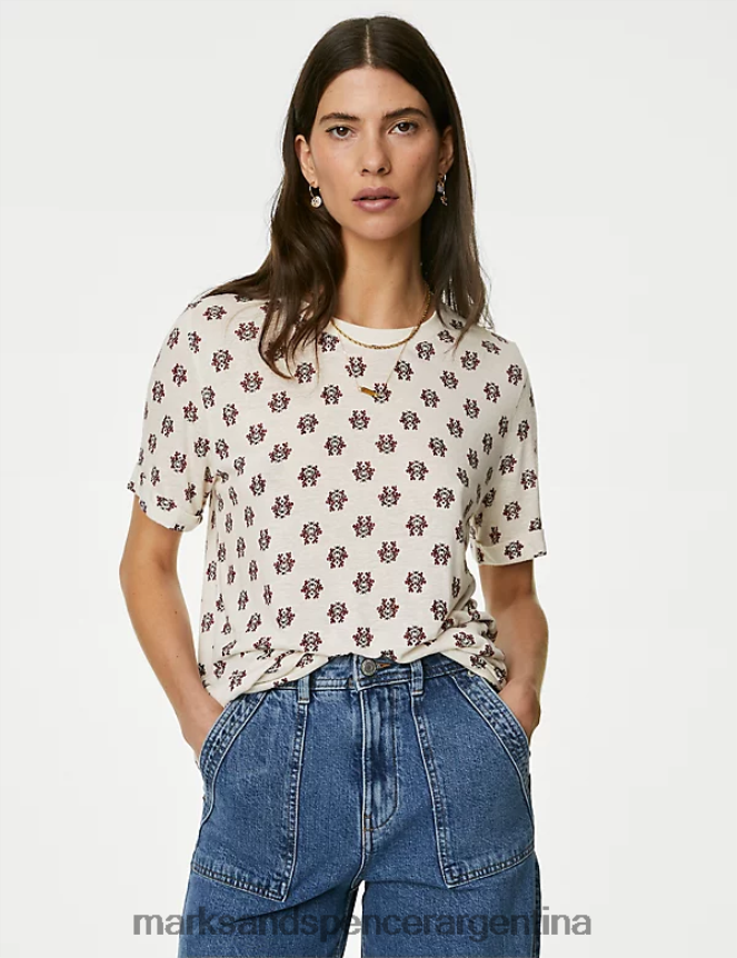 Marks & Spencer mujer camiseta de manga corta con estampado geométrico en mezcla de lino ropa crudo 46VL2560