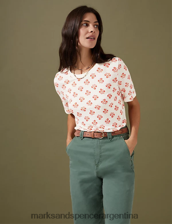Marks & Spencer mujer camiseta de manga corta con estampado geométrico en mezcla de lino ropa mezcla de crema 46VL2210