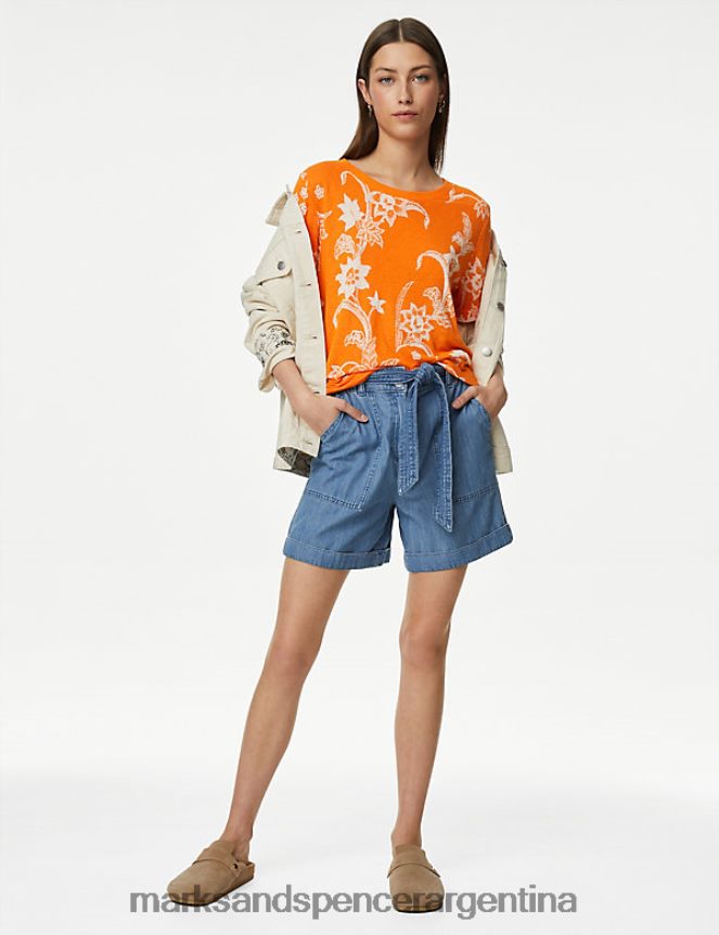 Marks & Spencer mujer camiseta de manga corta con estampado geométrico en mezcla de lino ropa mezcla de naranja 46VL2558