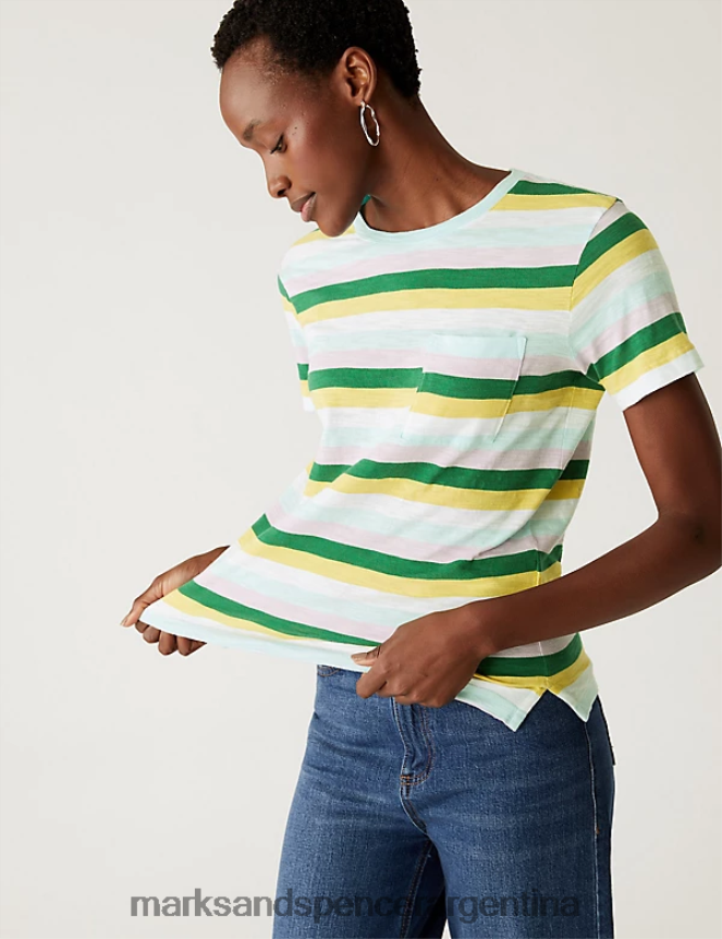 Marks & Spencer mujer camiseta de puro algodón a rayas con bolsillo ropa multi 46VL2066