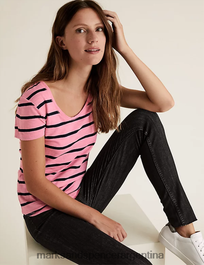 Marks & Spencer mujer camiseta de puro algodón a rayas con cuello redondo ropa mezcla rosa 46VL3278