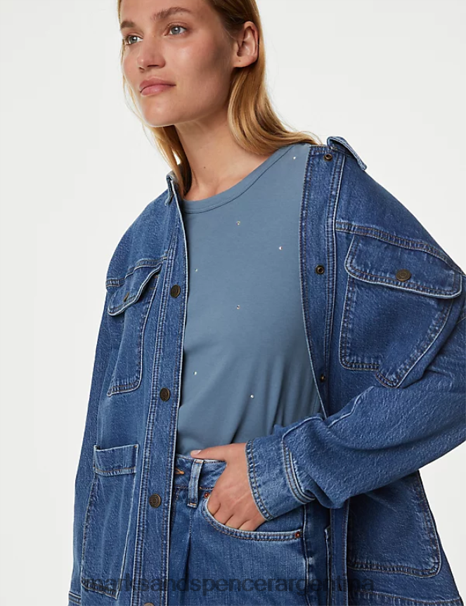 Marks & Spencer mujer camiseta de puro algodón con adornos ropa gris azul 46VL1076