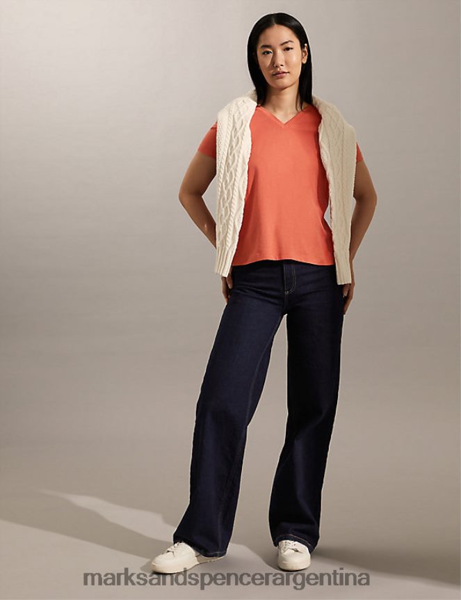 Marks & Spencer mujer camiseta de puro algodón con cuello en V ropa naranja quemada 46VL2420