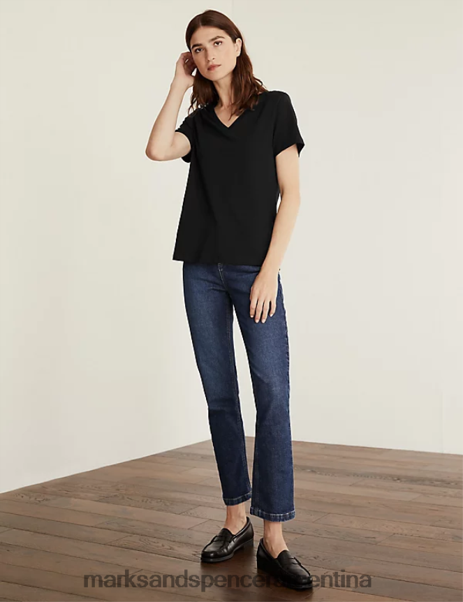 Marks & Spencer mujer camiseta de puro algodón con cuello en V ropa negro 46VL2418