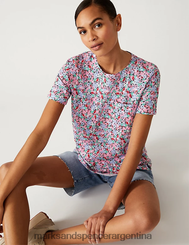Marks & Spencer mujer camiseta de puro algodón estampada con bolsillo ropa mezcla azul 46VL2682