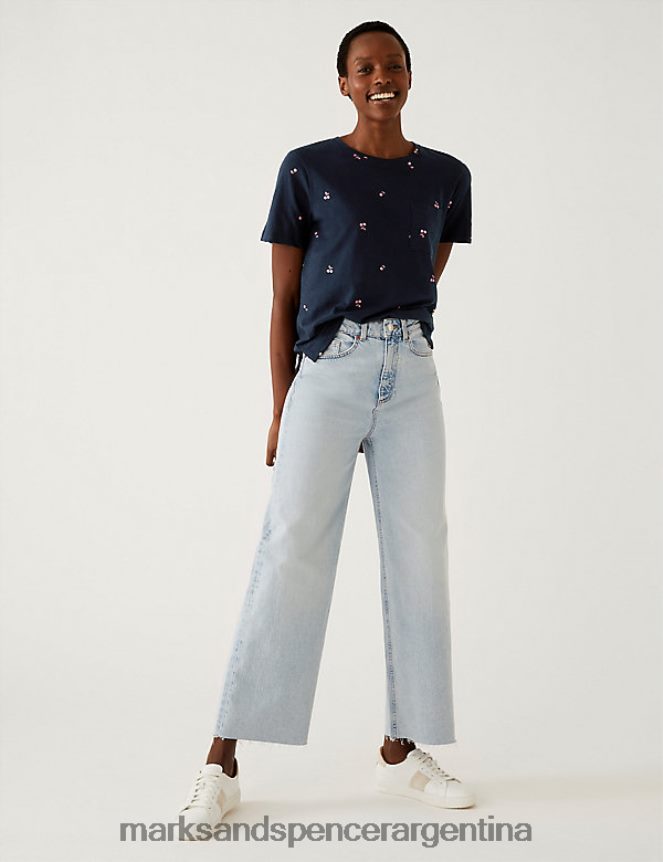 Marks & Spencer mujer camiseta de puro algodón estampada con bolsillo ropa mezcla azul marino 46VL2308