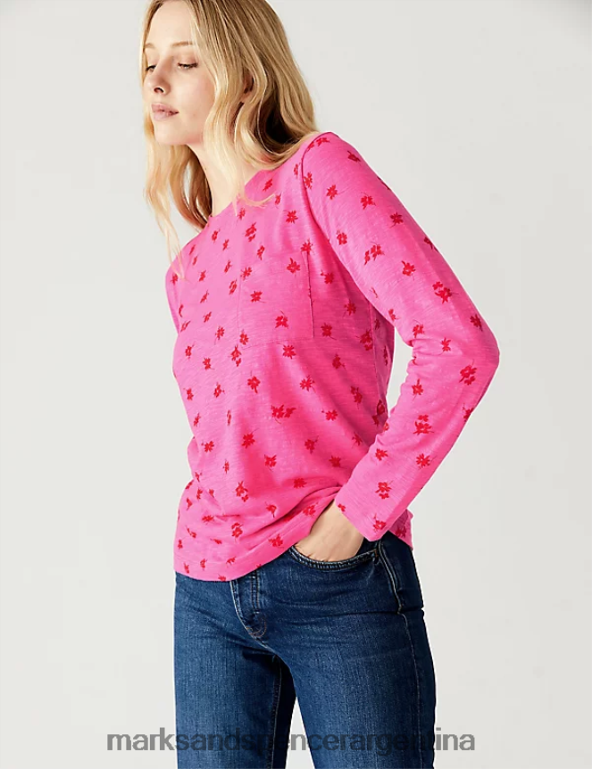 Marks & Spencer mujer camiseta de puro algodón estampada con cuello redondo ropa rosa medio 46VL2384