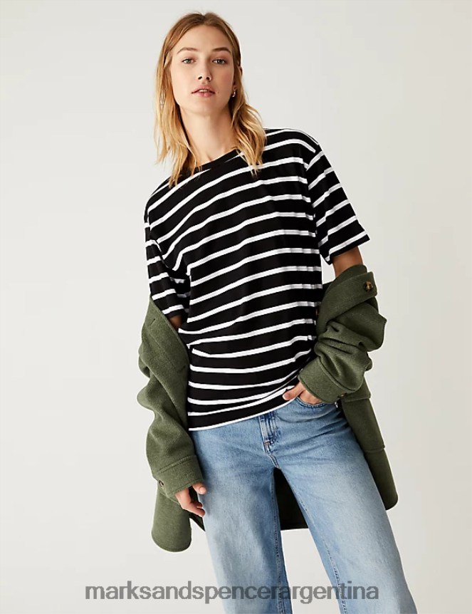 Marks & Spencer mujer camiseta extragrande a rayas de puro algodón ropa mezcla negra 46VL2808