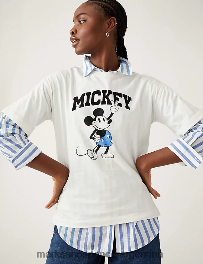 Marks & Spencer mujer camiseta extragrande de mickey mouse de puro algodón ropa mezcla de marfil 46VL986