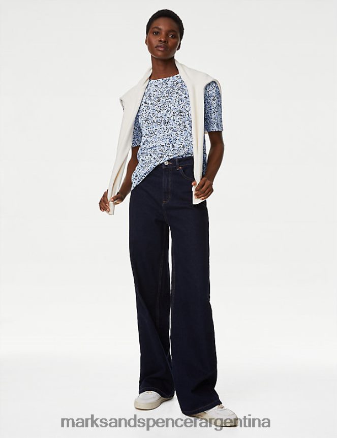 Marks & Spencer mujer camiseta holgada estampada con cuello redondo ropa mezcla azul brillante 46VL1328