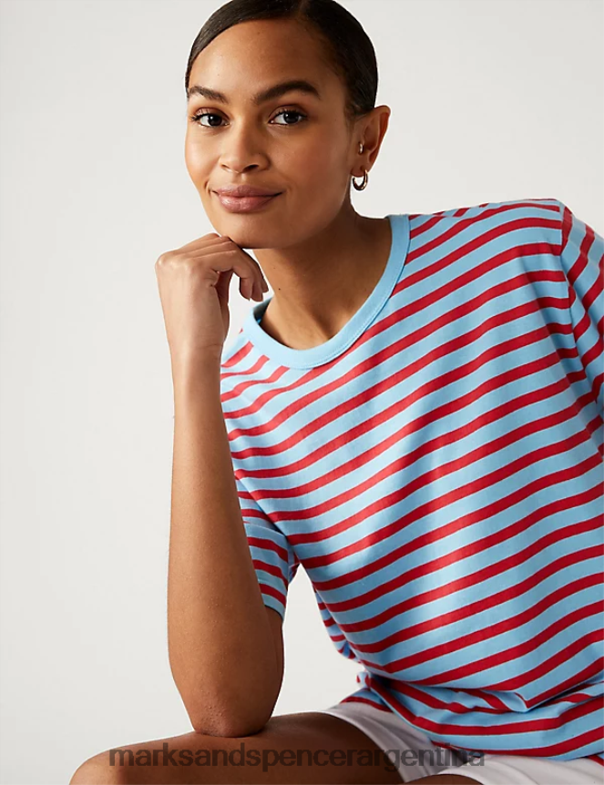 Marks & Spencer mujer camiseta oversize de puro algodón a rayas ropa mezcla azul 46VL2378