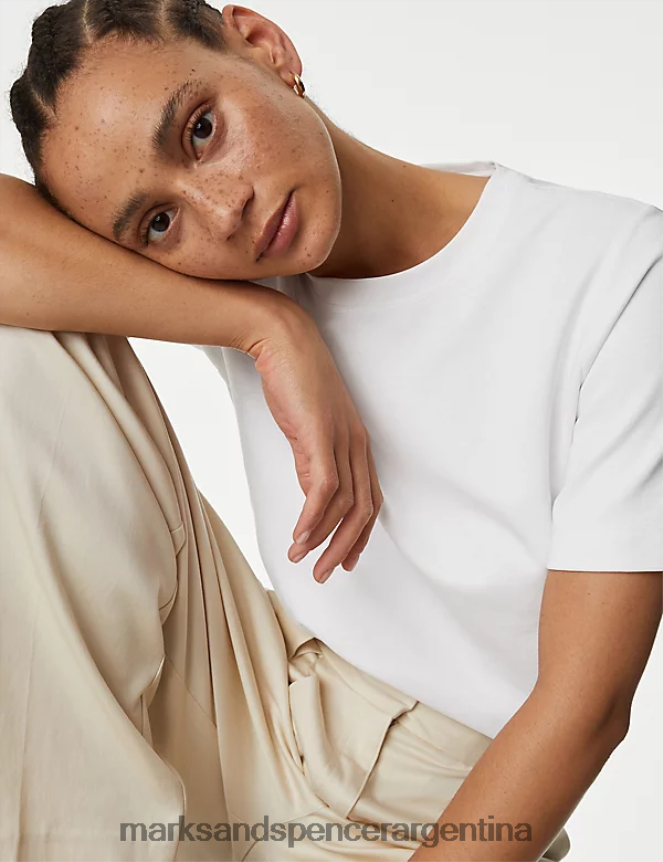 Marks & Spencer mujer camiseta rica en algodón con cuello redondo ropa blanco suave 46VL286