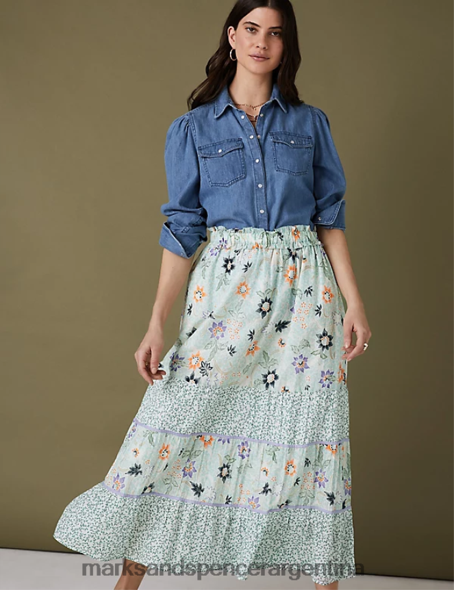 Marks & Spencer mujer falda larga a capas con estampado floral de puro algodón ropa Mar verde 46VL2938