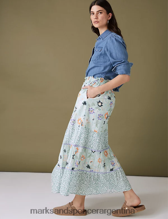 Marks & Spencer mujer falda larga a capas con estampado floral de puro algodón ropa Mar verde 46VL2938