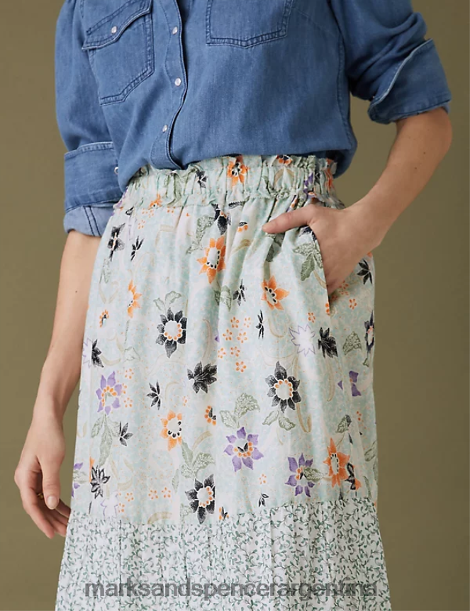 Marks & Spencer mujer falda larga a capas con estampado floral de puro algodón ropa Mar verde 46VL2938