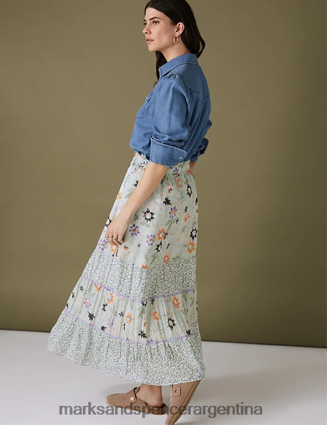 Marks & Spencer mujer falda larga a capas con estampado floral de puro algodón ropa Mar verde 46VL2938