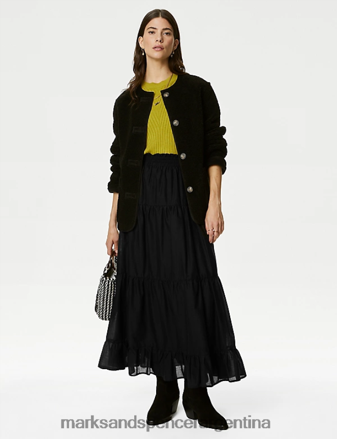 Marks & Spencer mujer falda larga a capas de puro algodón ropa negro 46VL478