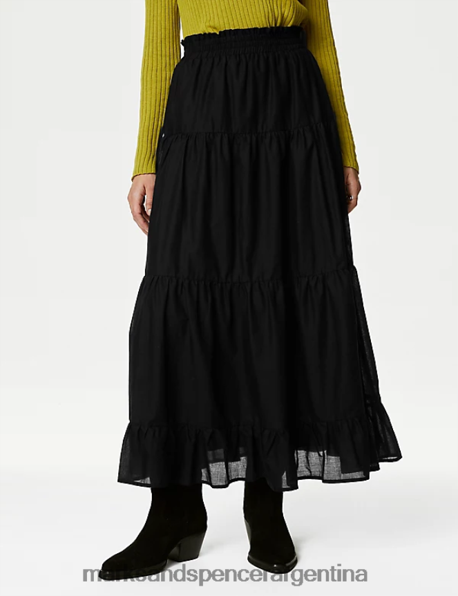 Marks & Spencer mujer falda larga a capas de puro algodón ropa negro 46VL478