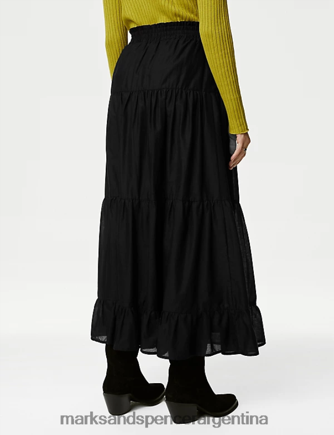 Marks & Spencer mujer falda larga a capas de puro algodón ropa negro 46VL478