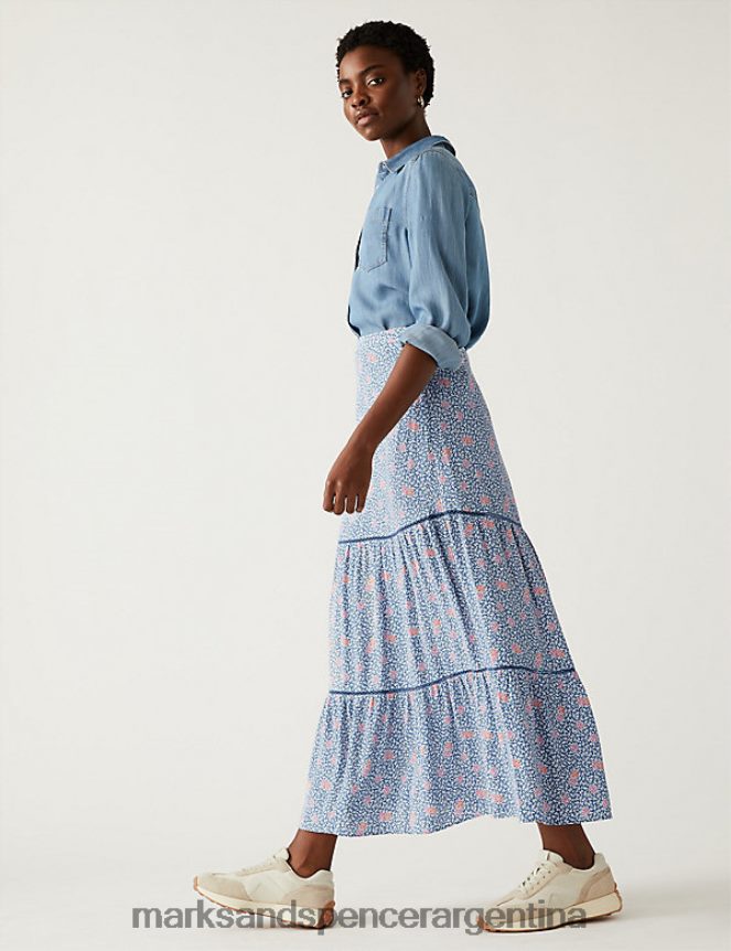 Marks & Spencer mujer falda larga escalonada con cinturón estampada ropa mezcla azul 46VL2200