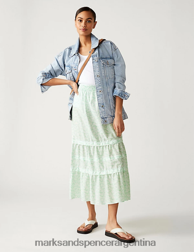 Marks & Spencer mujer falda midaxi escalonada floral de puro algodón ropa mezcla verde 46VL954