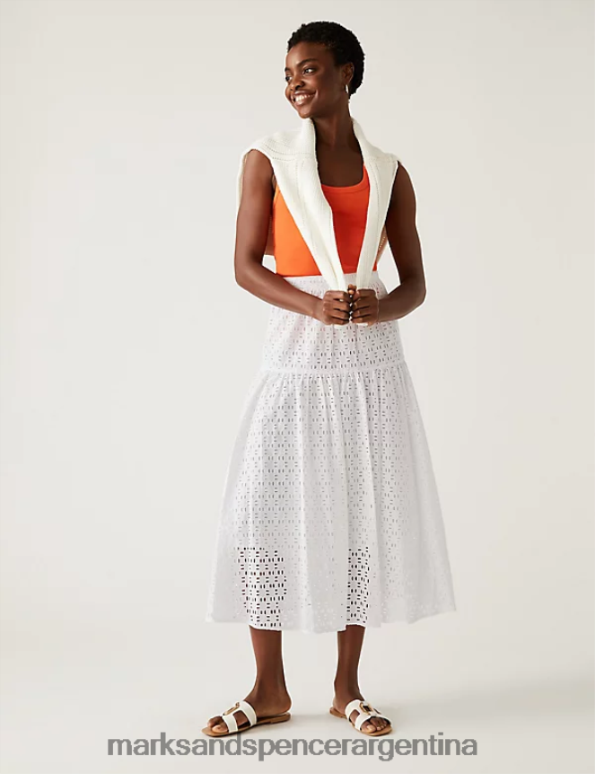 Marks & Spencer mujer falda midi a capas con bordado de puro algodón ropa blanco suave 46VL1458