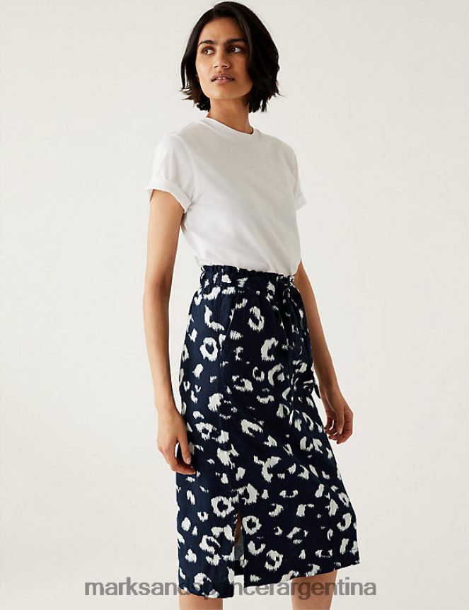 Marks & Spencer mujer falda midi con mucho lino ropa mezcla azul marino 46VL644