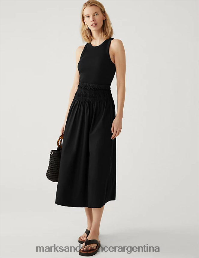 Marks & Spencer mujer falda skater midaxi fruncida de puro algodón ropa negro 46VL342