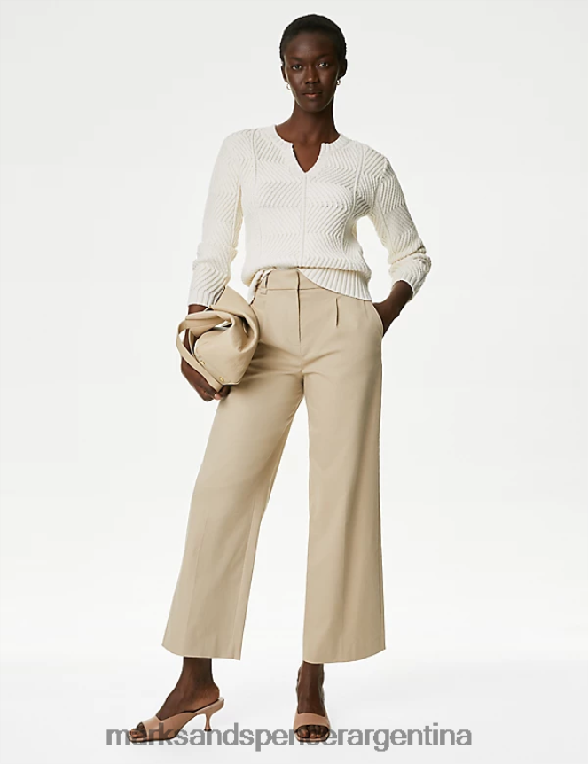 Marks & Spencer mujer Chinos de pernera ancha con pliegues en la parte delantera y rico en algodón ropa beige claro 46VL574