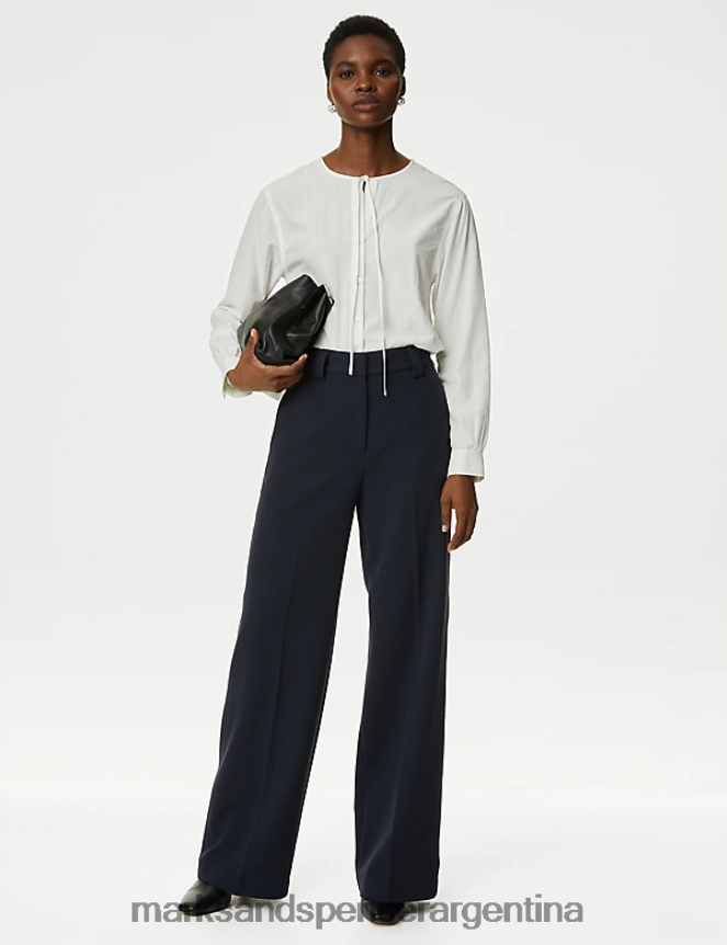 Marks & Spencer mujer pantalones anchos con detalle de etiqueta de crepé ropa azul marino oscuro 46VL16
