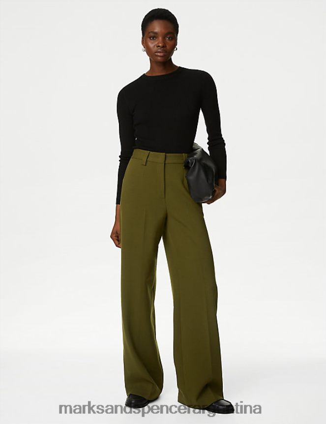 Marks & Spencer mujer pantalones anchos con detalle de etiqueta de crepé ropa caqui oscuro 46VL14