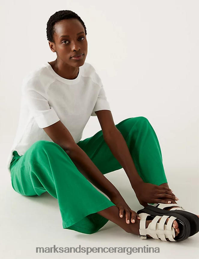 Marks & Spencer mujer pantalones anchos con detalles de lino ropa verde brillante 46VL450