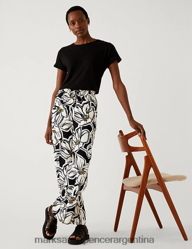 Marks & Spencer mujer pantalones anchos de crepé con cordón y estampado ropa negro 46VL3058