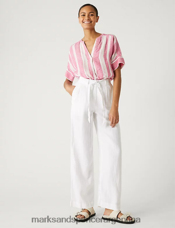 Marks & Spencer mujer pantalones anchos de lino puro con cinturón ropa blanco suave 46VL826