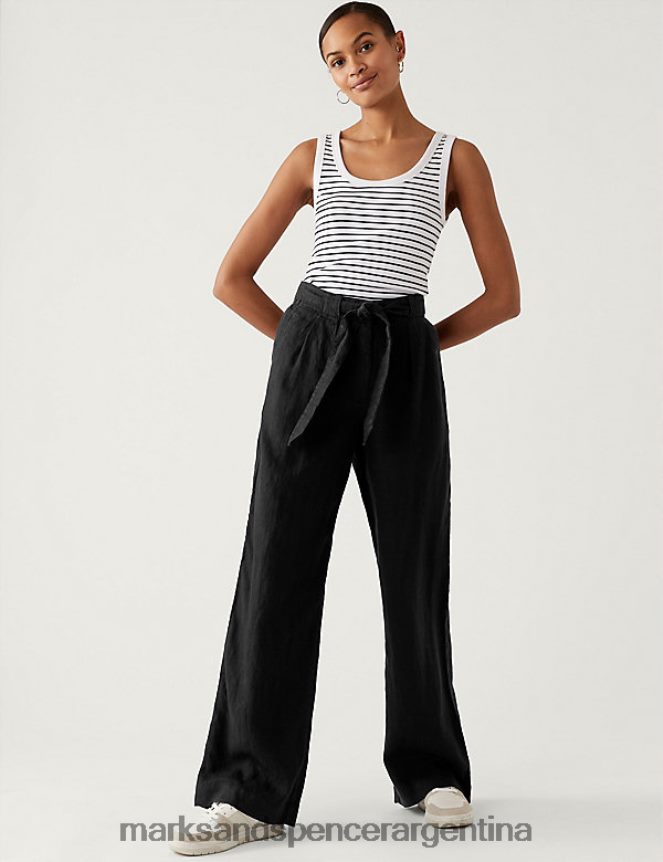 Marks & Spencer mujer pantalones anchos de lino puro con cinturón ropa negro 46VL824