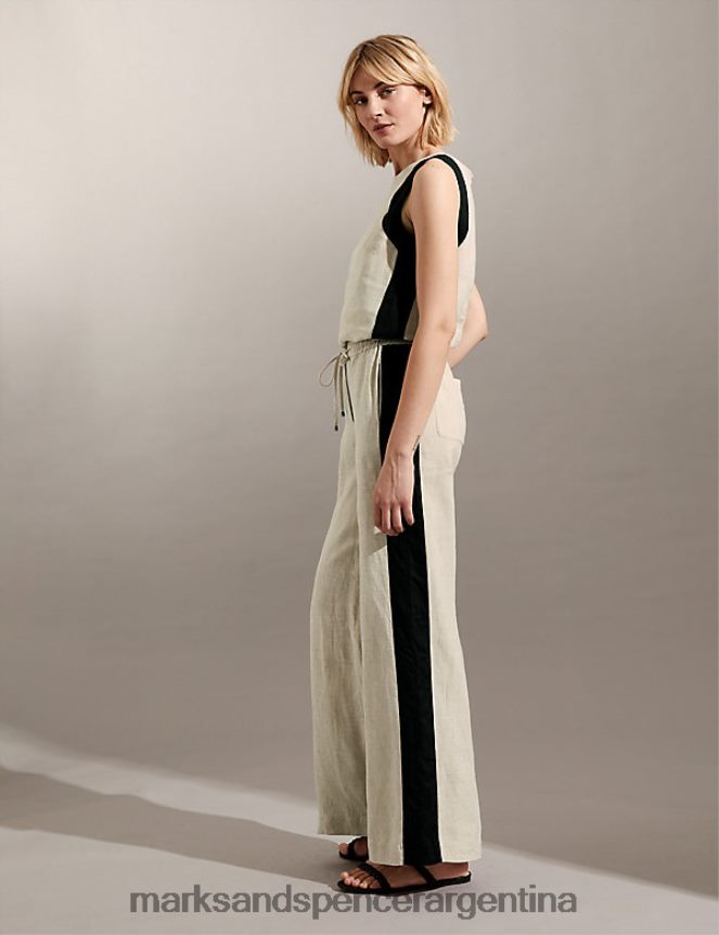 Marks & Spencer mujer pantalones anchos de puro lino con raya lateral ropa mezcla natural 46VL1558
