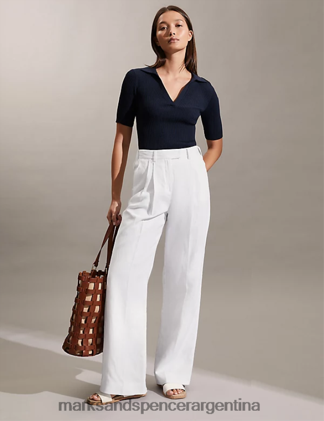 Marks & Spencer mujer pantalones anchos de puro lino ropa blanco 46VL1506