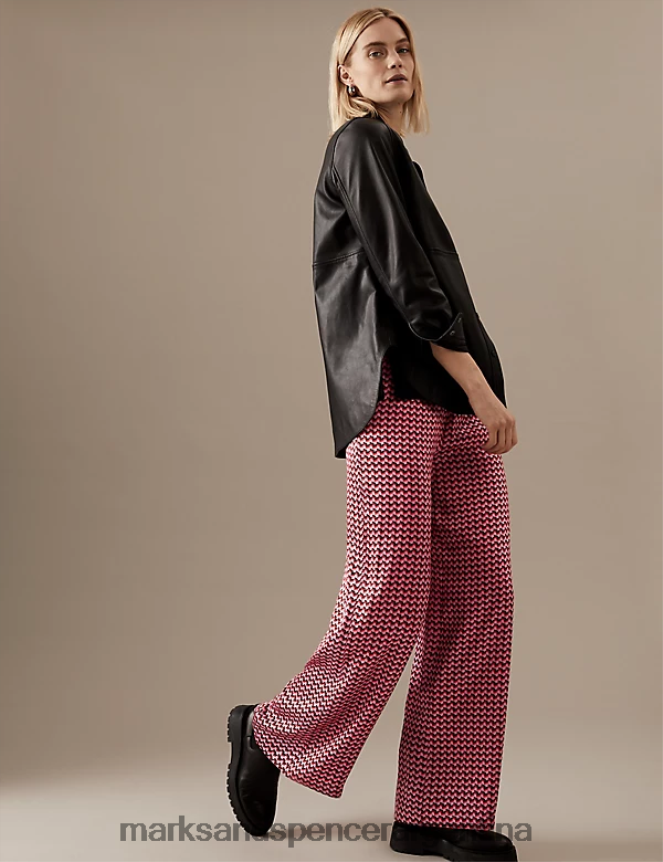 Marks & Spencer mujer pantalones anchos estampados de pura seda ropa mezcla rosa 46VL1698
