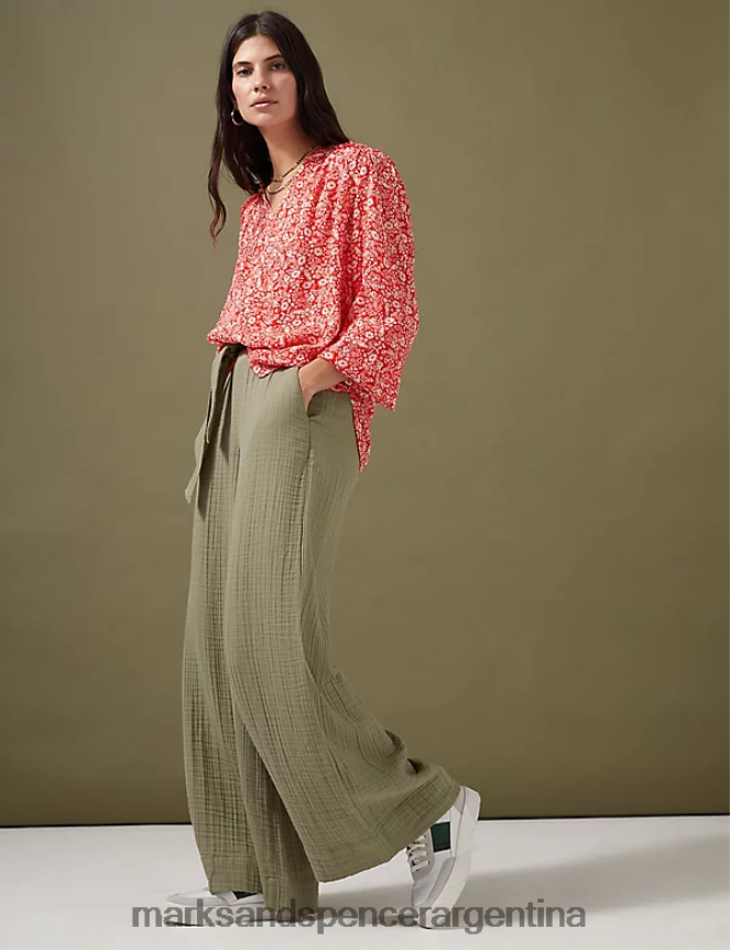 Marks & Spencer mujer pantalones anchos texturizados de puro algodón ropa caqui descolorido 46VL2352
