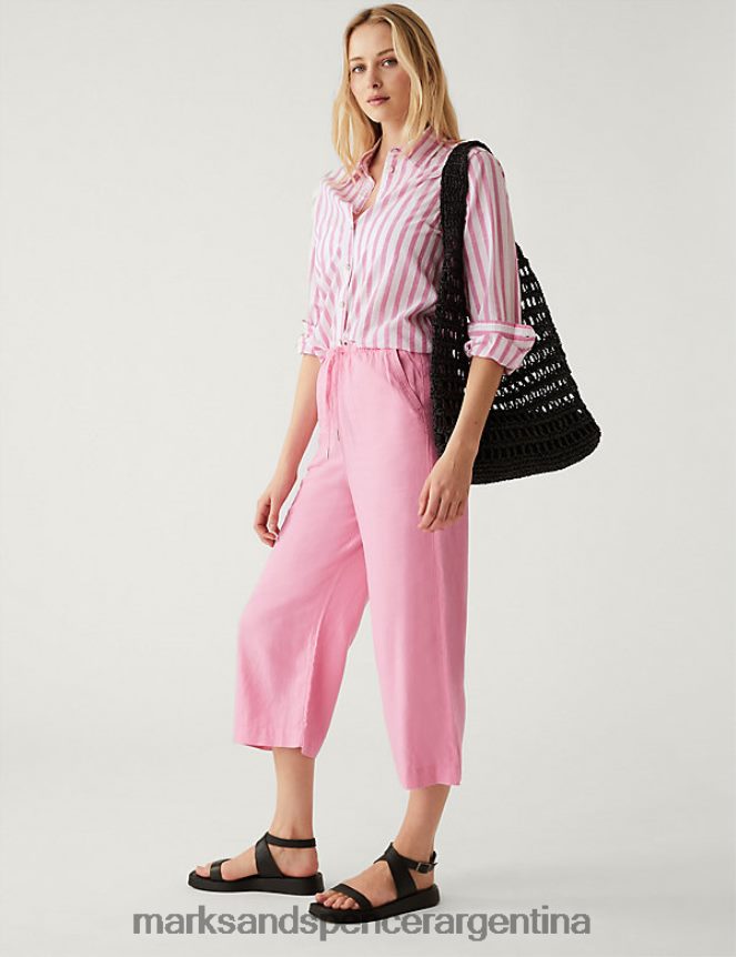 Marks & Spencer mujer pantalones capri anchos con tejido de lino ropa rosa 46VL2040